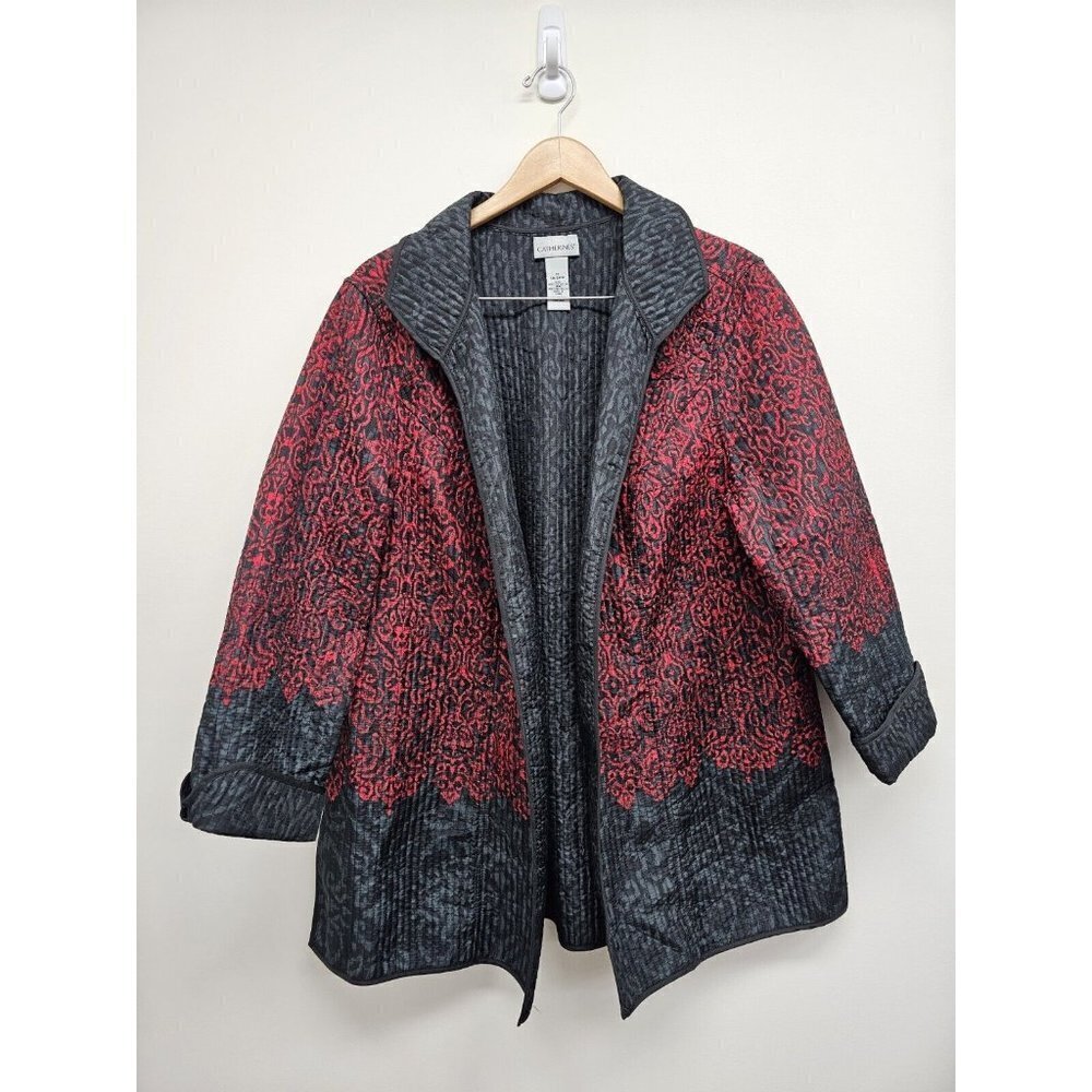 Catherines Womens 1X 18/20W Open Front Lightweight Shirt Jacket Red Black Gray